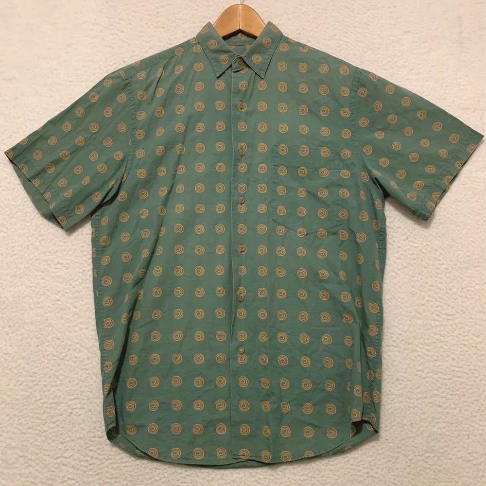 VTG 80s Banana Republic Safari Button Shirt Mens XS Spiral Print Cotton Green